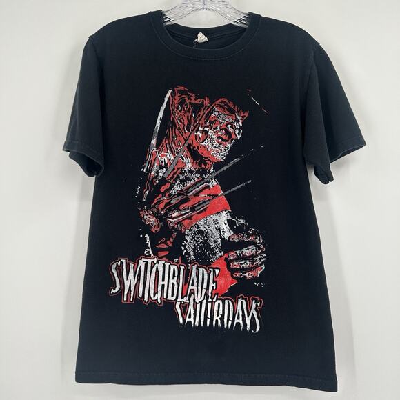 Freddy Krueger Switchblade Saturdays Band T-Shirt Mens Small Black Vintage Anvil - Picture 1 of 10